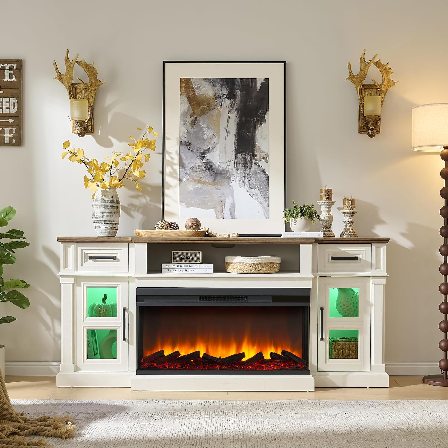3-Side Fireplace TV Stand for up to 80 Inch TV, LED Entertainment Center with 36 Inch Electric Fireplace, Farmhouse TV Console Table w/Drawers & Cabinets for Living Room, White