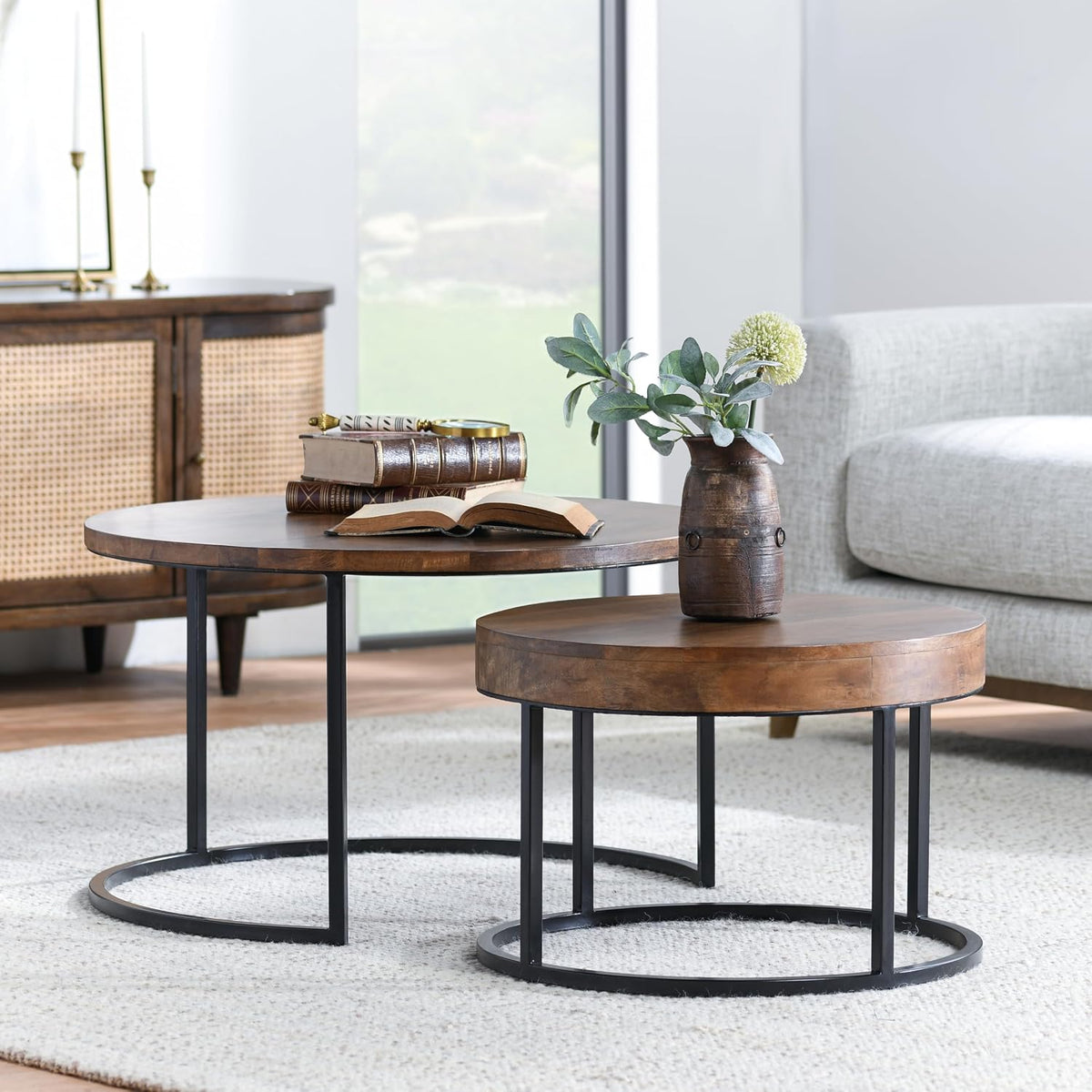 32" Natural Grain Side Coffee Table, Small Nesting Tables with Sturdy Iron Base, Nesting Table Set with Transitional Styling for Versatile Home Usage Areas, Brown+Black