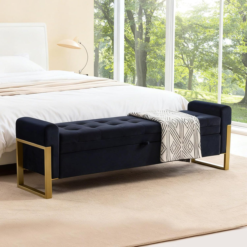 67" Storage Bench for Bedroom, King Size End of Bed Bench, Upholstered Storage Ottoman Bench with Golden Metal Legs, Bedroom Bench for Entryway, Black