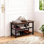 3-Tier Shoe Rack Bench, Rustic Brown Industrial Entryway Storage Organizer with Wood Seat and Multiple Shelves