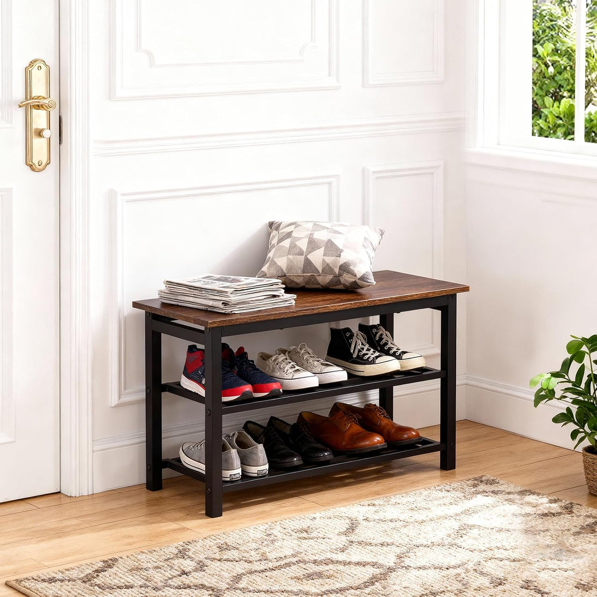 3-Tier Shoe Rack Bench, Rustic Brown Industrial Entryway Storage Organizer with Wood Seat and Multiple Shelves