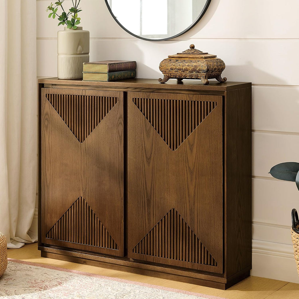 LKTART Mid Century Modern Sideboard Buffet Storage Cabinet with Doors and Shelves,Wood Coffee Bar Storage Cabinets for Kitchen, Dining Room, Living Room-Brown Walnut