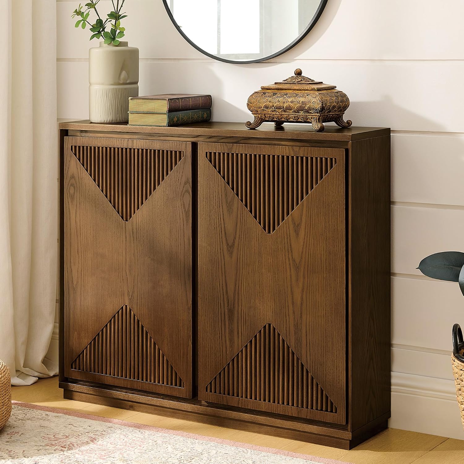 LKTART Mid Century Modern Sideboard Buffet Storage Cabinet with Doors and Shelves,Wood Coffee Bar Storage Cabinets for Kitchen, Dining Room, Living Room-Brown Walnut