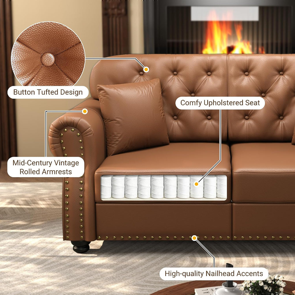 KEIKI 2-Piece Chesterfield Sofa Set with 1 Faux Leather 3-Seater Sofa & 1 Single Sofa, Upholstered 4-Seater Couch Set with Nailhead Trim & Rolled Arms & 1 Ottoman & 4 Pillow, for Living Room, Brown