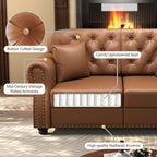 KEIKI 2-Piece Chesterfield Sofa Set with 1 Faux Leather 3-Seater Sofa & 1 Single Sofa, Upholstered 4-Seater Couch Set with Nailhead Trim & Rolled Arms & 1 Ottoman & 4 Pillow, for Living Room, Brown
