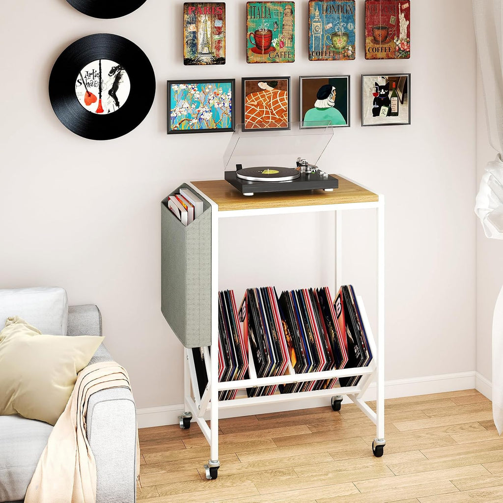 GOFLAME Rolling Record Player Stand, 2-Tier Turntable Stand with Fabric Side Pocket, Bottom Storage Shelf & Wheels, Movable Vinyl Storage Shelf for Living Room, Bedroom, Natural & White