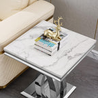 1 Piece Living Room End Table Luxury Faux Marble Sofa Side Table, Modern White Silver End Table with X-Shape Stainless Steel Pedestal Base