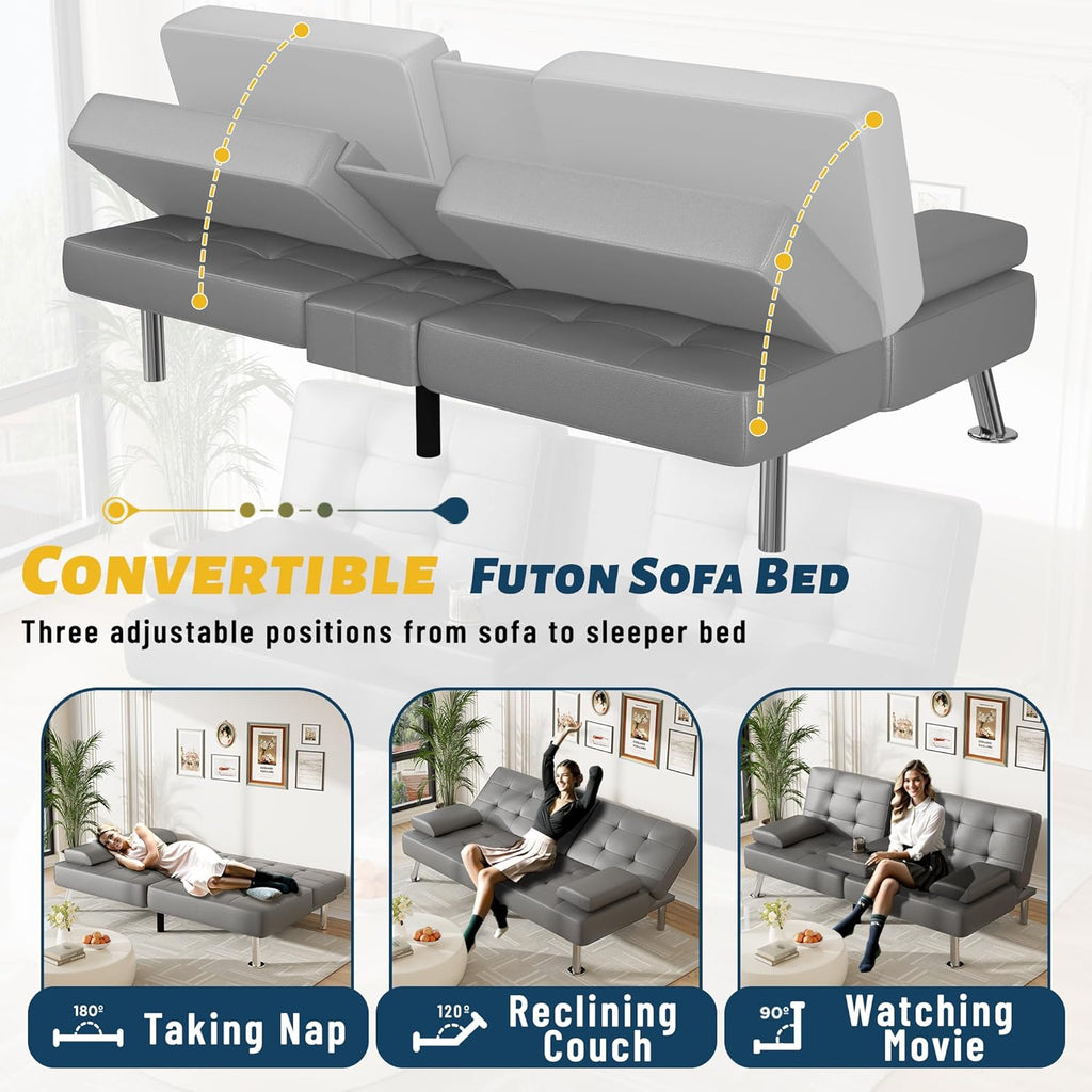 Furmax Futon Sofa Bed Adjustable Futon Couch Sleeper Sofa Bed for Living Room, Business Office, Recliner Sofas with Cup Holders (PU Leather, Gray)