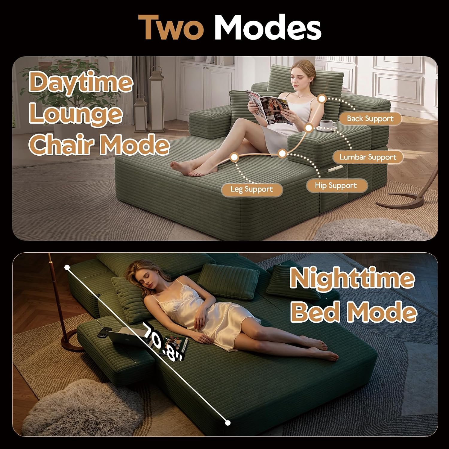 60.2 Inch Chaise Lounge Chair Indoor, Oversized Chaise Lounge with Adjustable Backrest and Armrests, Luxurious Corduroy Convertible Sofa Bed with Storage Pocket for Small Spaces, Apartment (Green)