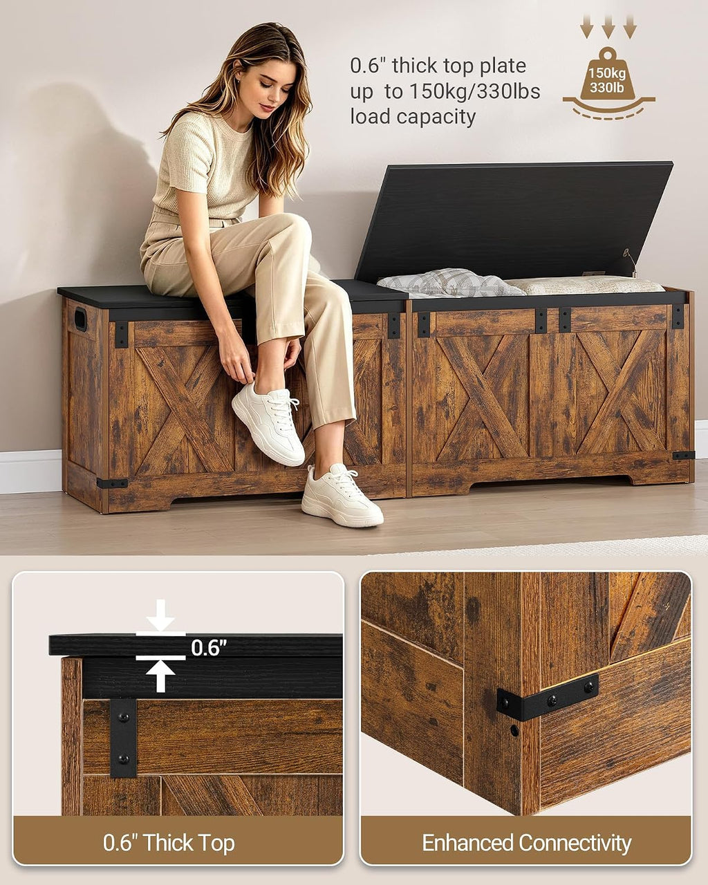 Hzuaneri 59" Farmhouse Storage Chest and Bench | 70 Gal | 330lb Seat | Soft-Close Hinges | Rustic Brown | Shoe and Blanket Storage for Bedroom, Living Room, Entryway | Easy Assembly | SB15001X