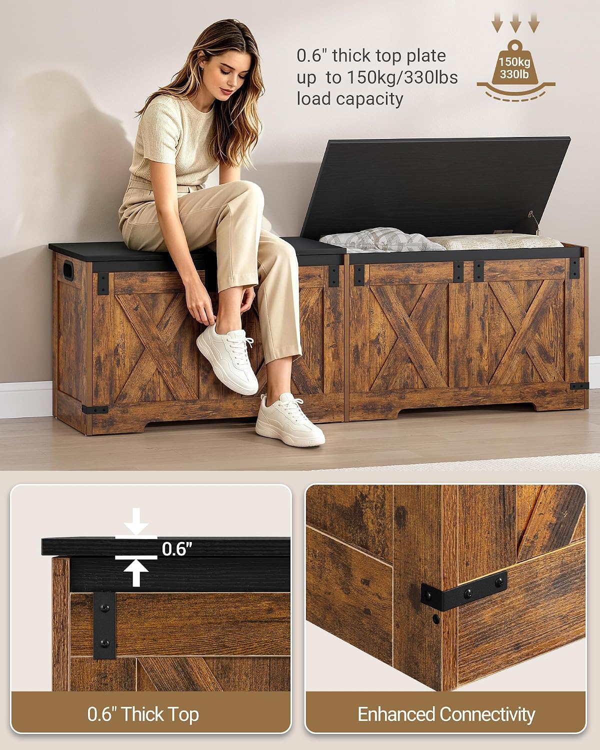 Hzuaneri 59" Farmhouse Storage Chest and Bench | 70 Gal | 330lb Seat | Soft-Close Hinges | Rustic Brown | Shoe and Blanket Storage for Bedroom, Living Room, Entryway | Easy Assembly | SB15001X