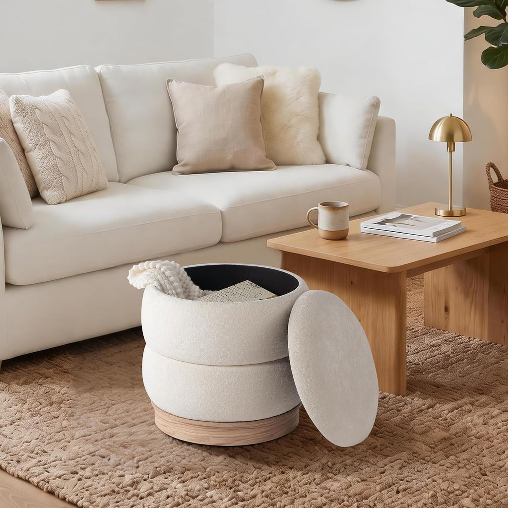 Get Set Style Round Ottoman with Wooden Base, Storage Vanity Stool for Makeup, Upholstered Footrest Stool Ottoman Foot Stool for Living Room, Bedroom