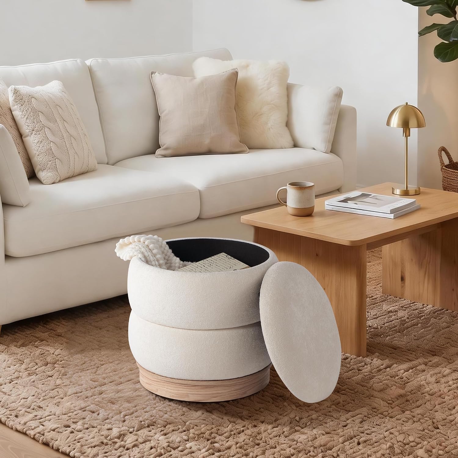 Get Set Style Round Ottoman with Wooden Base, Storage Vanity Stool for Makeup, Upholstered Footrest Stool Ottoman Foot Stool for Living Room, Bedroom