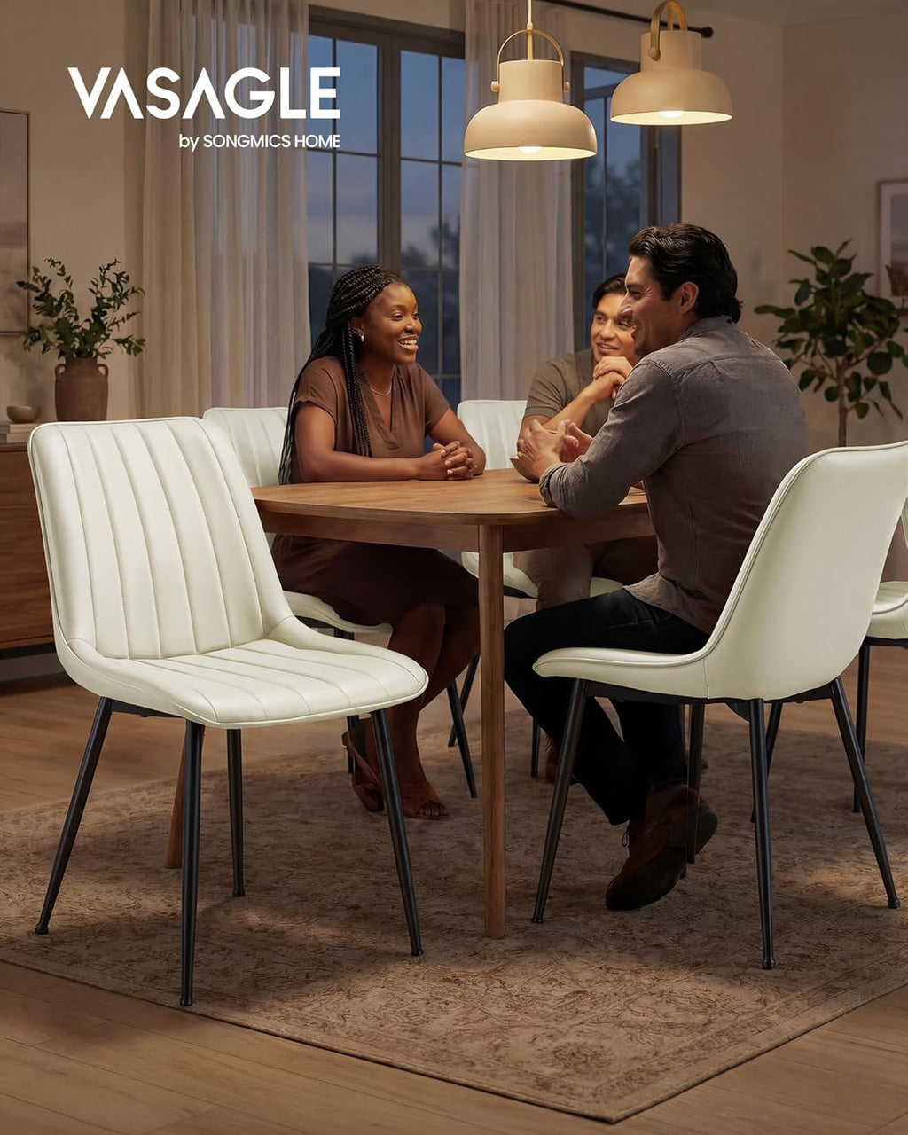 VASAGLE Dining Chairs Set of 4, Upholstered Kitchen Chairs, Synthetic Leather, Max. Load 264 lb, Steel Legs, Curved Backrest, for Dining Room, Cloud White and Ink Black ULDC090WH02-2J