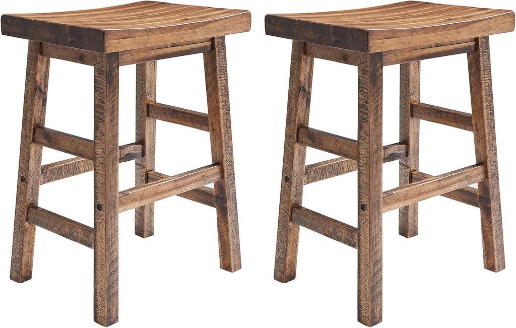 Alaterre Durango Solid Wood Rustic Bar Stool Set of 2, Natural, 26-Inch | Counter Height Backless Barstool Kitchen Seating with Saddle Seat, Barstools for Kitchen and Home Bar