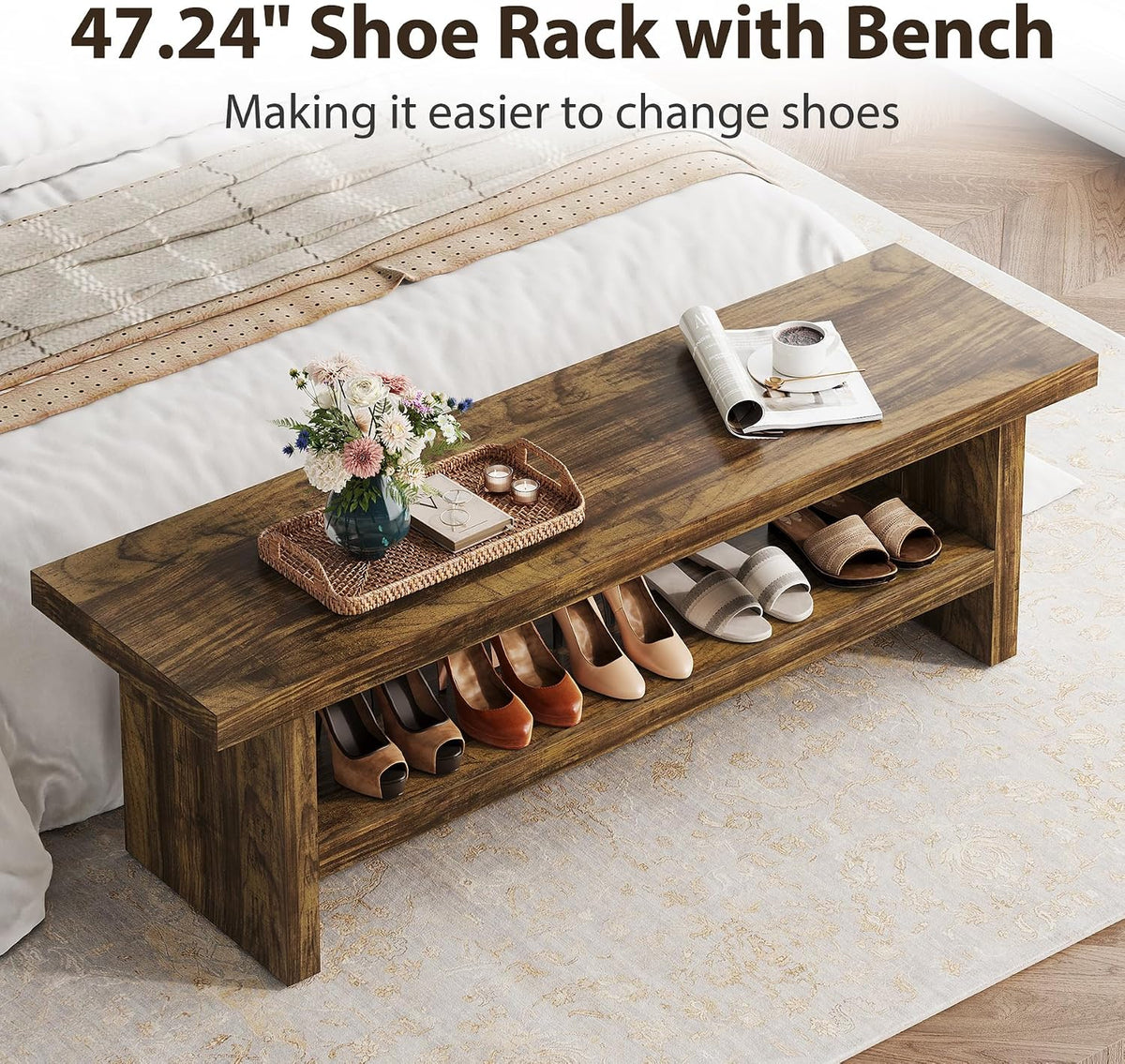 2 Tier Entryway Bench, 47.24" Shoe Bench, Rustic Shoe Rack, Wooden Storage Bench for Entryway Hallway Living Room Bedroom, Easy Assembly, Rustic Brown