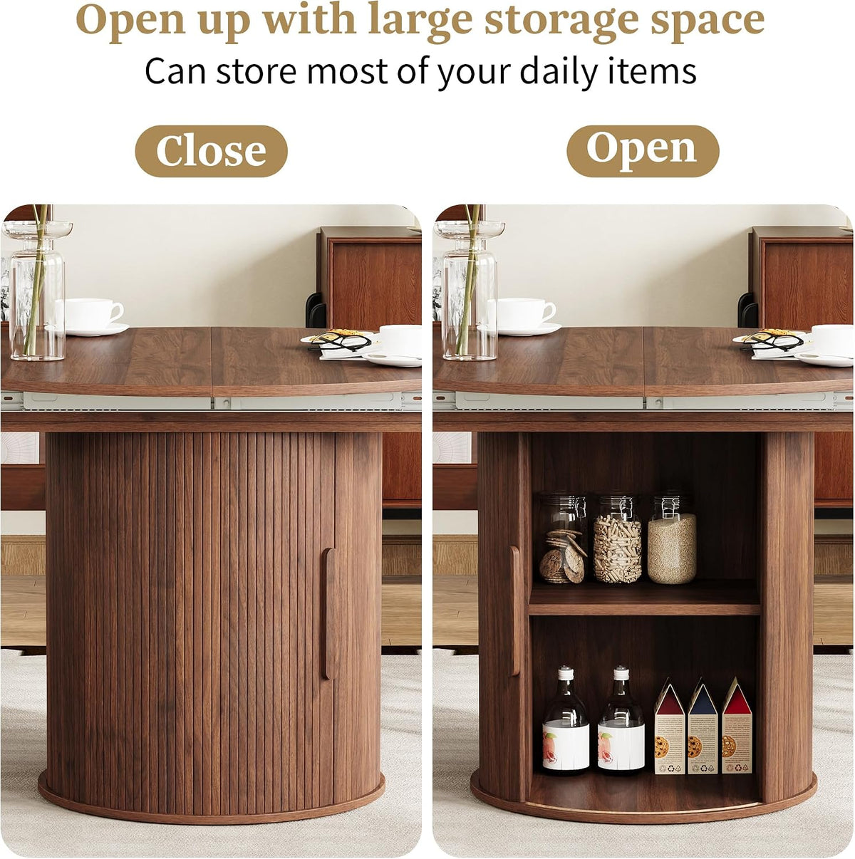 weselon 43"-59" Extendable Round to Oval Dining Table with Hidden Storage, Modern Wooden Kitchen Table with Fluted Sliding Door Cabinet, Expandable Dinner Table for Dining Room Living Room (Walnut)