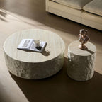 WILLIAMSPACE 15.75" Round End Table Side Table with Cement Stone Pattern for Living Room, Modern Circle Fiberglass Small Coffee Sofa Table, No Need Assembly (Beige)