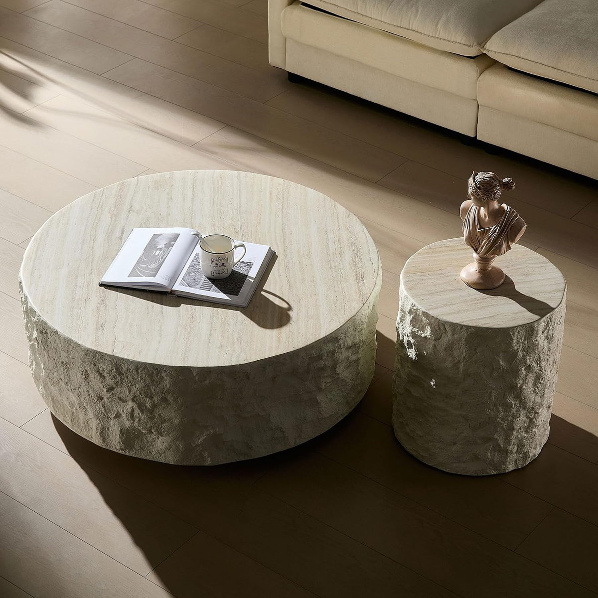 WILLIAMSPACE 15.75" Round End Table Side Table with Cement Stone Pattern for Living Room, Modern Circle Fiberglass Small Coffee Sofa Table, No Need Assembly (Beige)