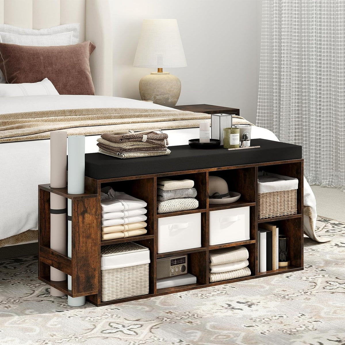Giantex Shoe Storage Bench with Umbrella Stand, 10-Cubby Entryway Shoe Rack Organizer with Padded Seat, Adjustable & Removable Shelves for Hallway, Living Room & Bedroom (Rustic Brown)