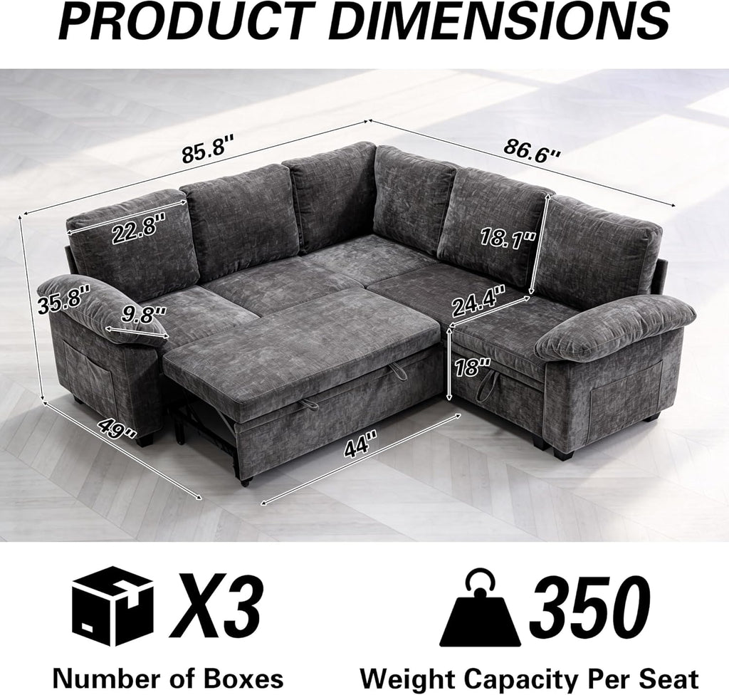 Sofa Bed, Sleeper Sofa with Pull Out Bed, L Shaped Modular Sectional Couch with Storage Ottoman, Modern Chenille Cloud Couch, Convertible Sofa Cama para Sala, Multiple Sizes (Light Gray, 5)