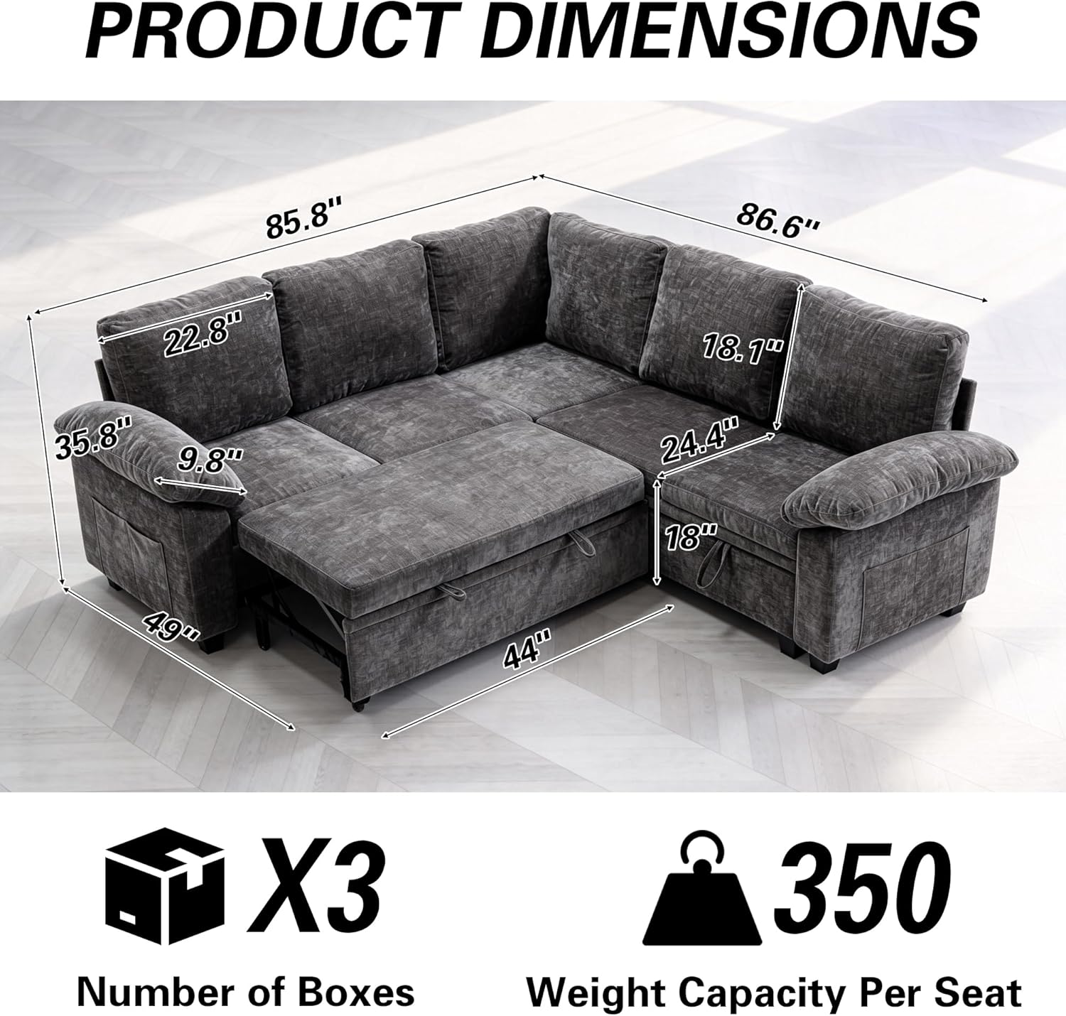 Sofa Bed, Sleeper Sofa with Pull Out Bed, L Shaped Modular Sectional Couch with Storage Ottoman, Modern Chenille Cloud Couch, Convertible Sofa Cama para Sala, Multiple Sizes (Light Gray, 5)