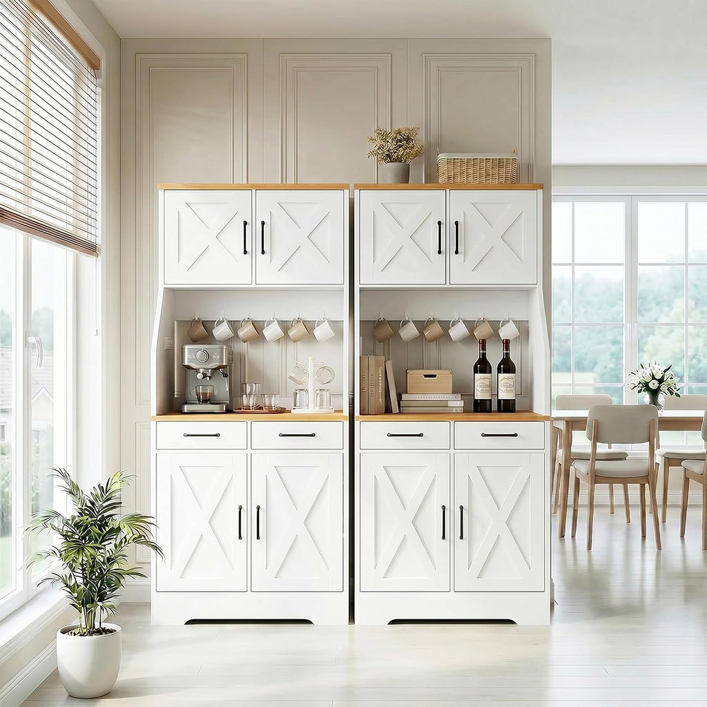 DreamDashio 73" Tall Pantry Cabinet with Charging Station & LED Light, Kitchen Pantry Storage Cabinet with Microwave Stand, Farmhouse Kitchen Hutch with 2 Storage Drawers and 6 Hooks for Dining Room