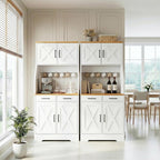 DreamDashio 73" Tall Pantry Cabinet with Charging Station & LED Light, Kitchen Pantry Storage Cabinet with Microwave Stand, Farmhouse Kitchen Hutch with 2 Storage Drawers and 6 Hooks for Dining Room
