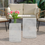 Side Table, Set of 2 Accent Table Decorative Garden Stools for Indoor Outdoor, Bedside Table End Table for Bedroom, Patio, Cafe, Bar, Garden, Nesting, White