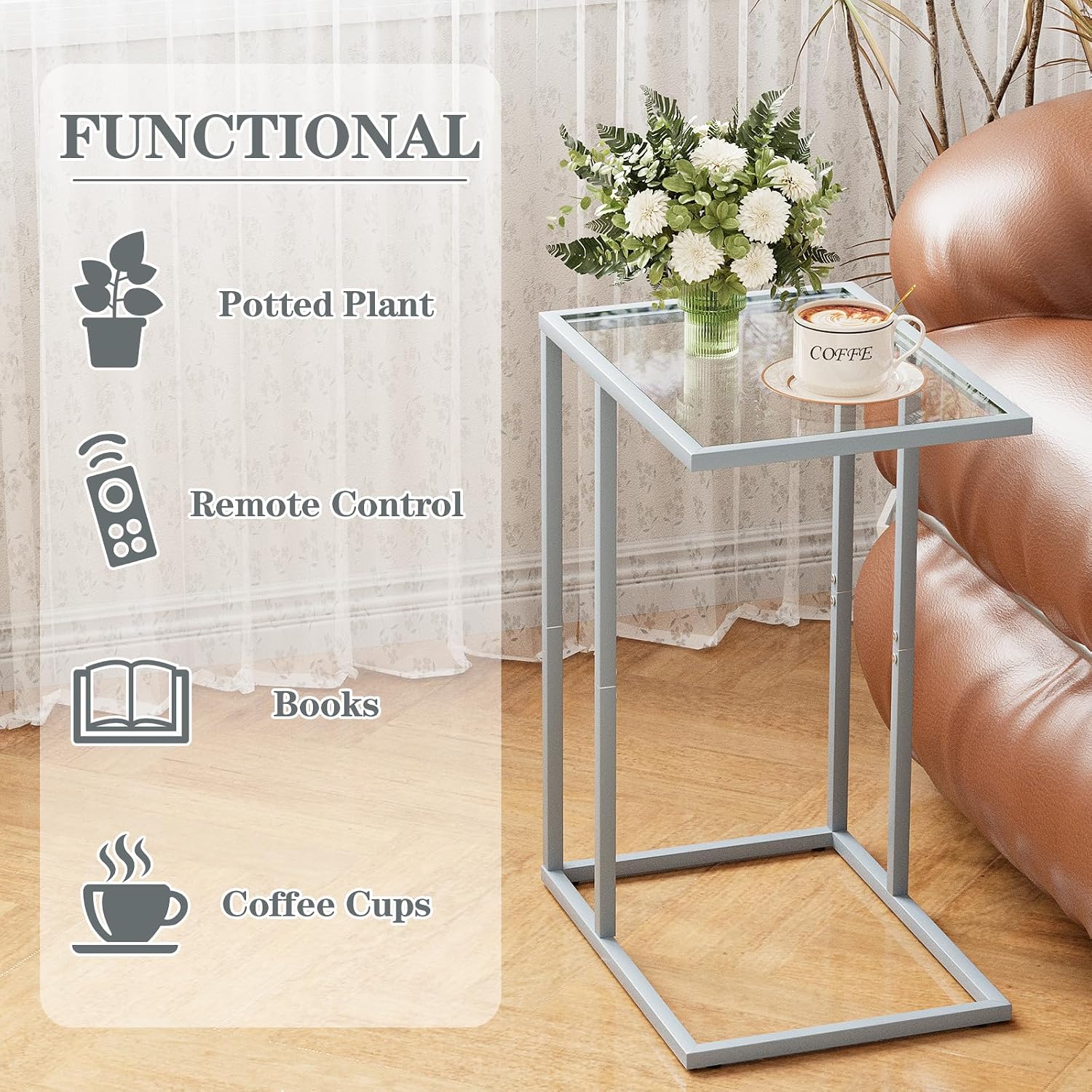 End Table,C Shaped Side Table for Sofa,Glass Couch Tray Snack Dinner Table for Living Room, Bedroom,TV Tray Table for Small Space,Living Room, Bedroom,Easy Assembly (Gray)