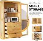 KUIKUI Kitchen Pantry Storage Cabinet, Pantry Cabinets for Kitchen Storage with Glass Doors and 4 Drawers, Natural, 44.7”L x 20”W x 75”H