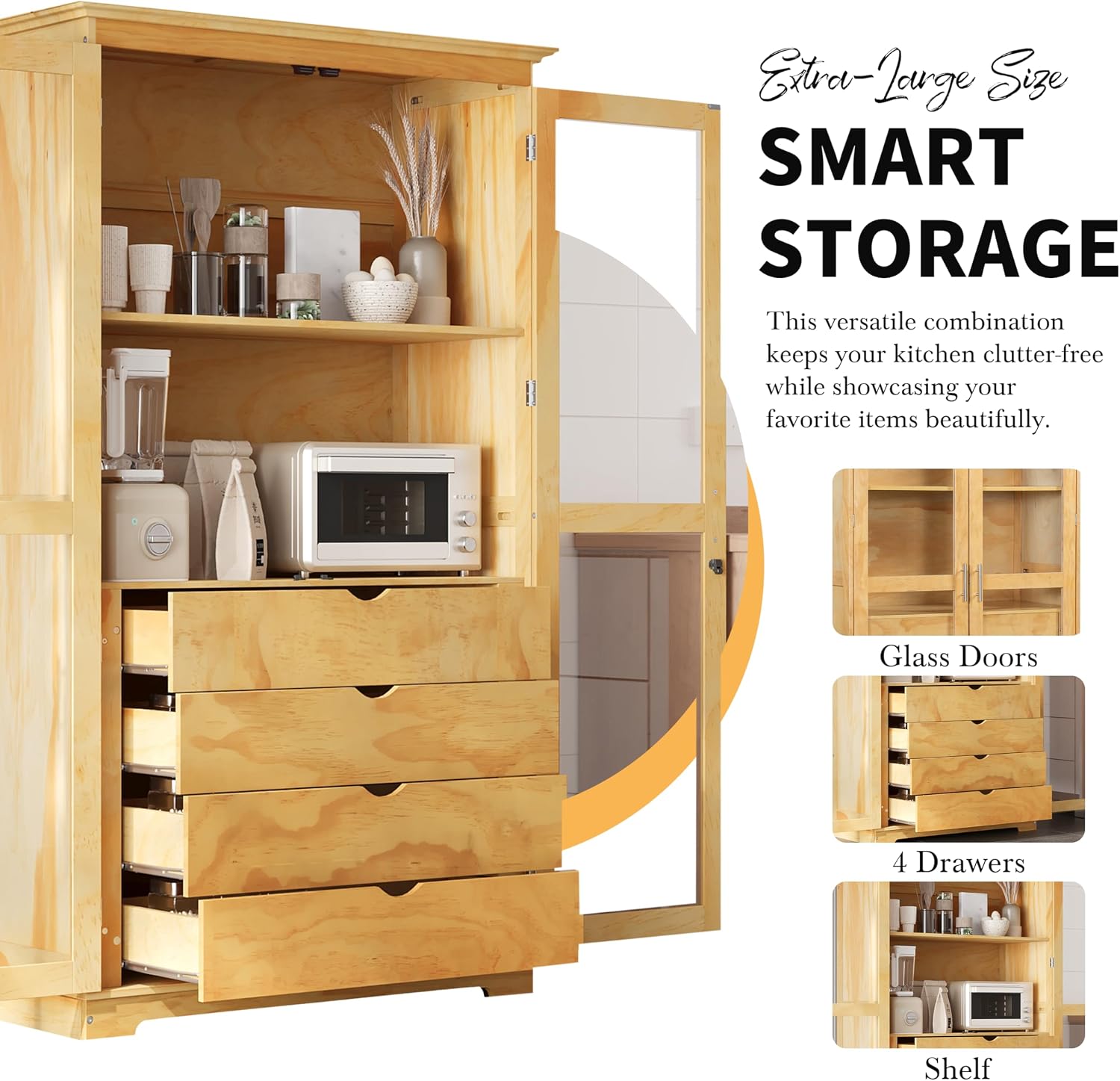 44.7" Wide Pine Wood Kitchen Pantry Cabinet with Glass Doors 4 Drawers and Shelf Freestanding Farmhouse Storage Cabinet for Kitchen Dining Living Room Display Organizer Natural