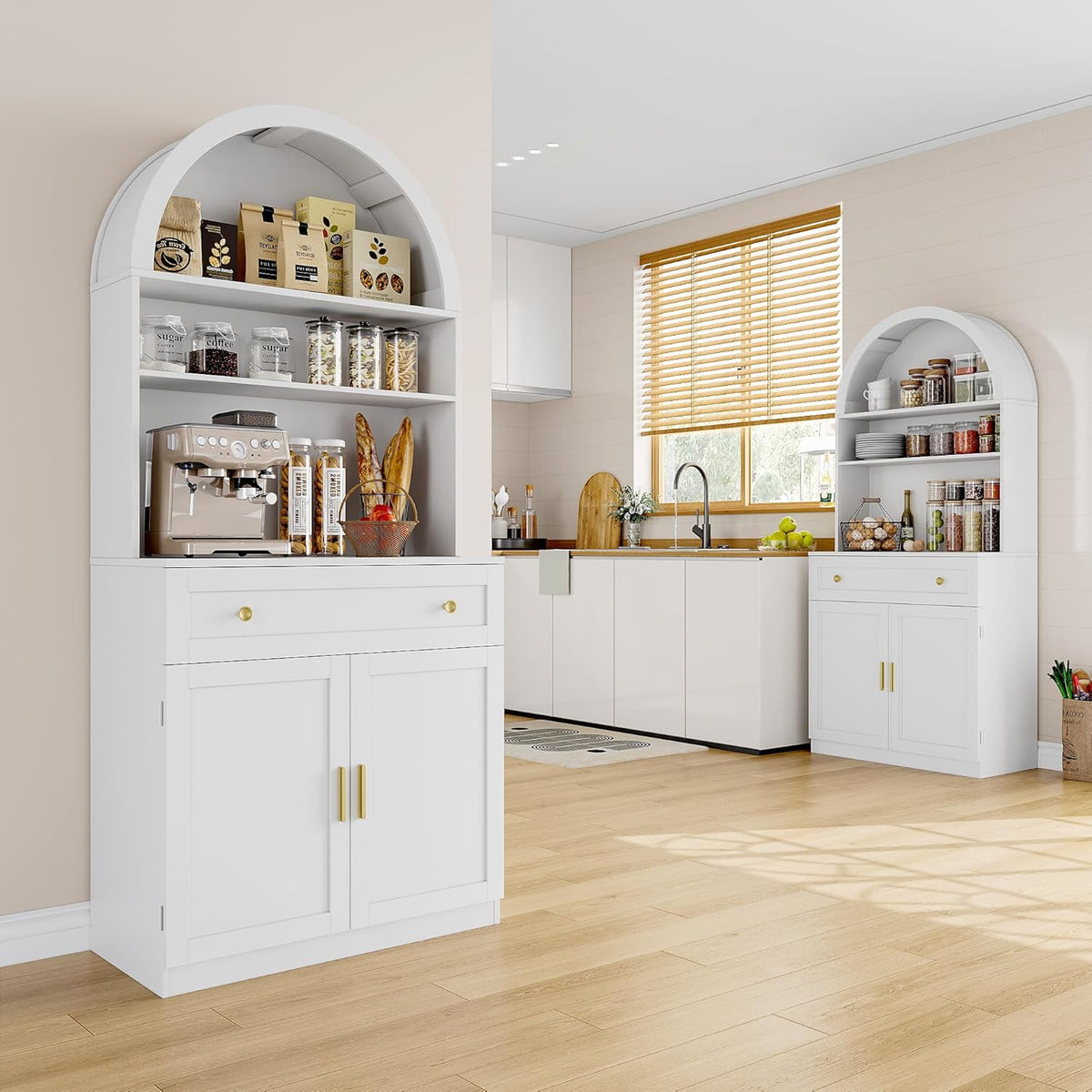 71" Tall Arched Kitchen Pantry Cabinet, Modern Kitchen Storage Cabinets with Hidden Drawer and Spacious Countertop, Wooden Storage Pantry Cabinet for Living Room, Dining Room, White