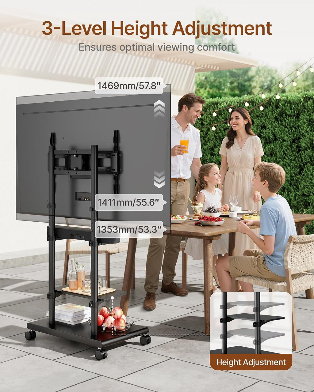 Rolling TV Stand with Soundbar Mount for 37-75inch TVs up to 154lbs | Swivel&Tilt Mobile TV Stand with Large Storage,Height Adjustable,Steel Base,Max VESA 600x400mm,Sturdiness,Easy Assembly,Black