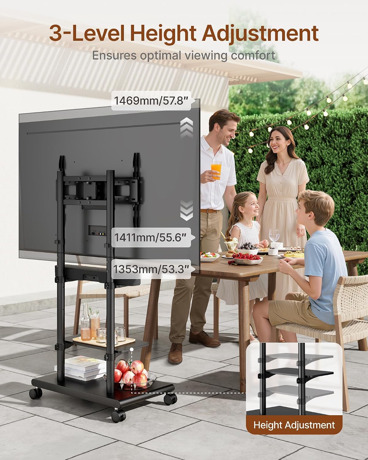 Rolling TV Stand with Soundbar Mount for 37-75inch TVs up to 154lbs | Swivel&Tilt Mobile TV Stand with Large Storage,Height Adjustable,Steel Base,Max VESA 600x400mm,Sturdiness,Easy Assembly,Black
