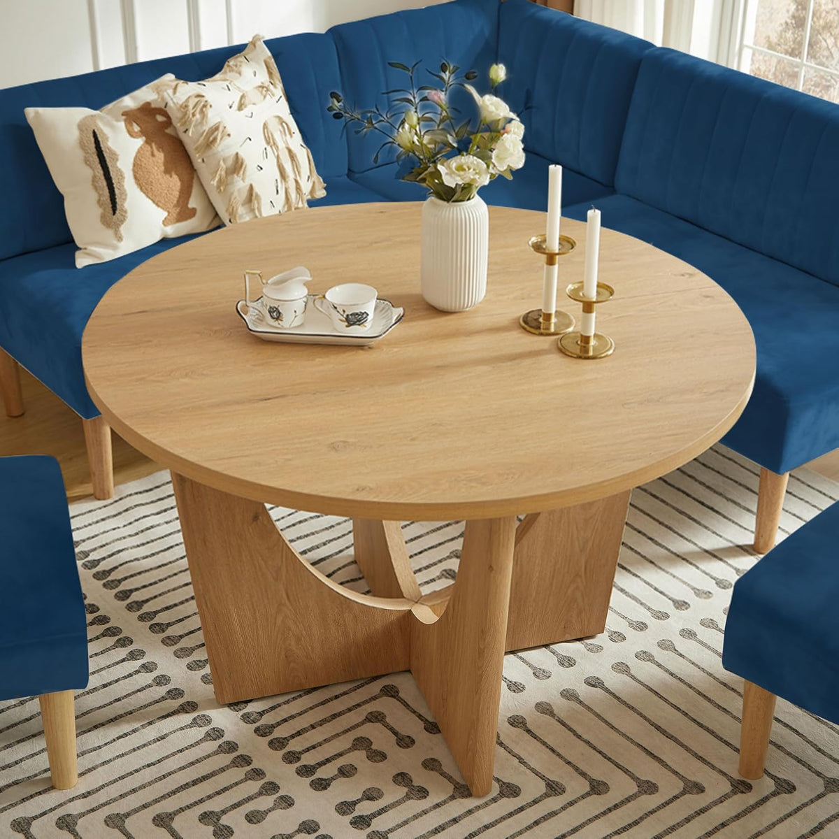 Round Dining Table Set with Loveseat & Chairs, 47 Inch Farmhouse 5-Piece Round Table Setting for 4 to 6, Wood Circle Table and Chairs Set for Kitchen,Breakfast Nook, Indoor Conversational Seating