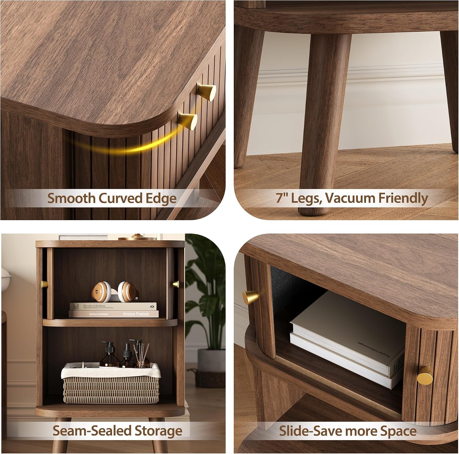 Decofy Fluted Nightstand Set of 2, Mid Century Modern Bedside Table with Charging Station, Walnut End Tables with Sliding Tambour Doors, Storage Cabinet and Open Shelf for Bedroom, Walnut