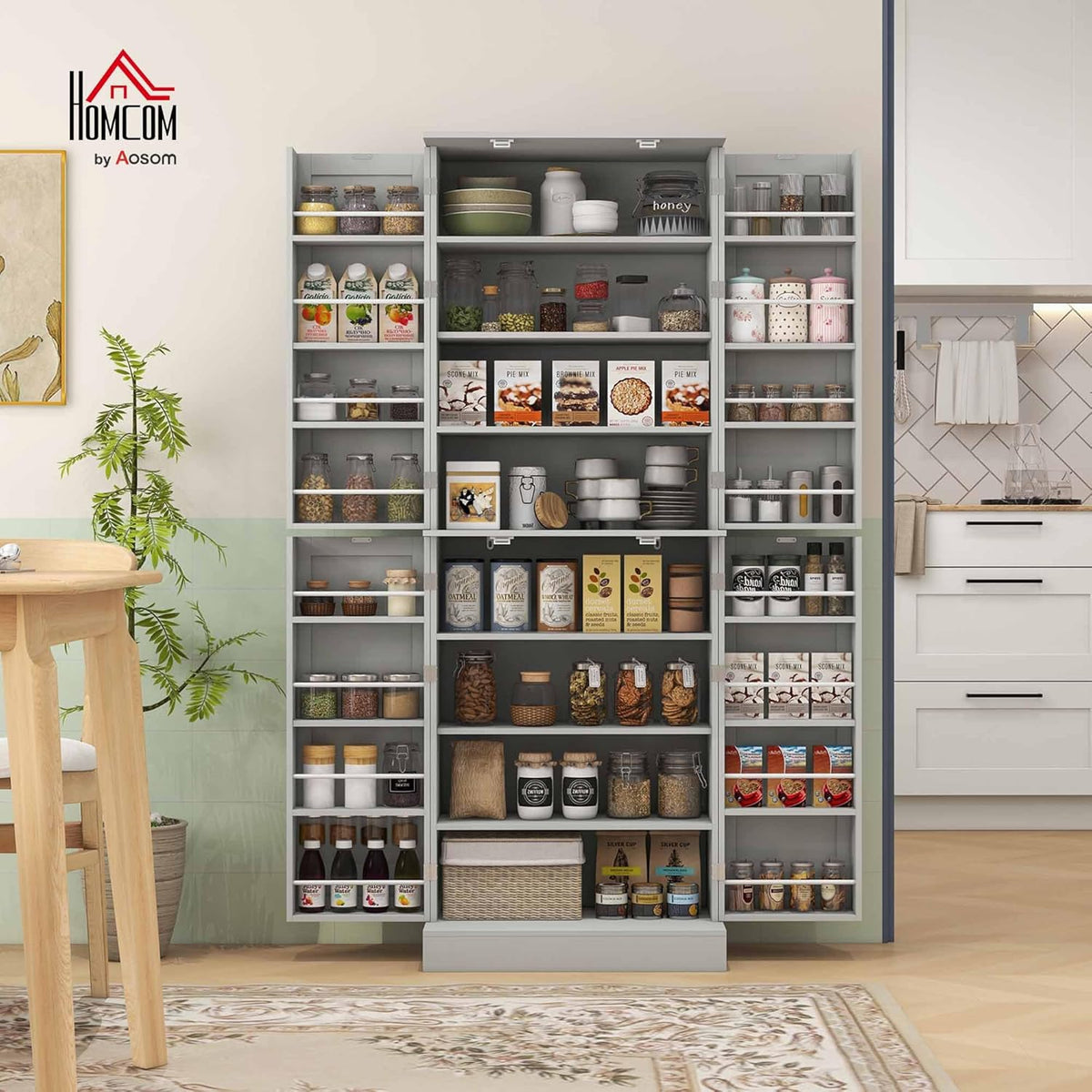 HOMCOM 65" Kitchen Pantry Storage Cabinet 16 Door Shelves Gray | Freestanding Kitchen Cabinet, 4 Doors, 8-Tier Shelving, Adjustable Shelves