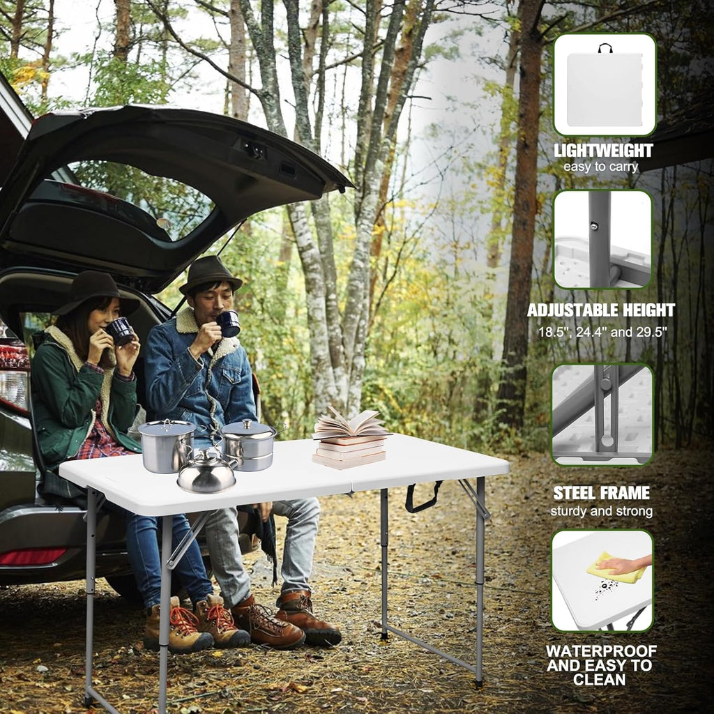 Folding Table 4 Foot,Portable Heavy Duty Plastic Utility Table,White | Adjustable Height,HDPE Tabletop,Small Fold-in-Half Design,Carrying Handle,Indoor Outdoor Use for Camping,Party