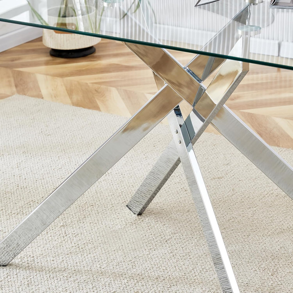 51in Glass Dining Table,Rectangular Kitchen Table for 4 Person with 0.39'' Tempered Glass Table Top and X-Design Metal Base,Modern Kitchen Dining Room Table for Home, Kitchen