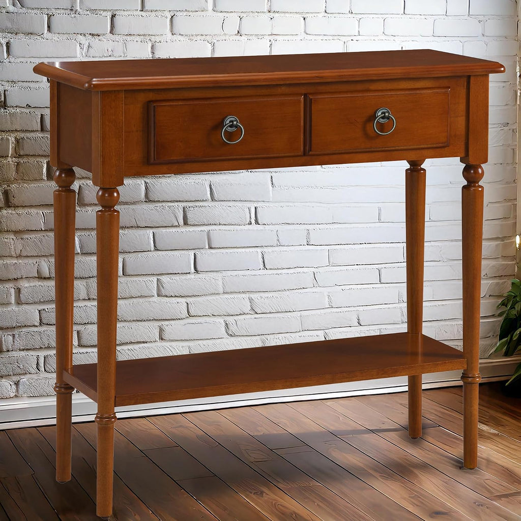 Leick Home Coastal Console Table, Solid Wood, with Drawer and Shelf, for Entryways, Hallways, and Living Rooms, Pecan Brown, 20027-PC