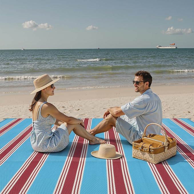 Lahome Striped Outdoor Rug 8x10 Patio Waterproof, Reversible Outdoor Plastic Straw Rug for Camping, RV Patio Rugs Outside Large Carpet for Porch Deck Backyard Picnic(Blue/Red,8'x 10')