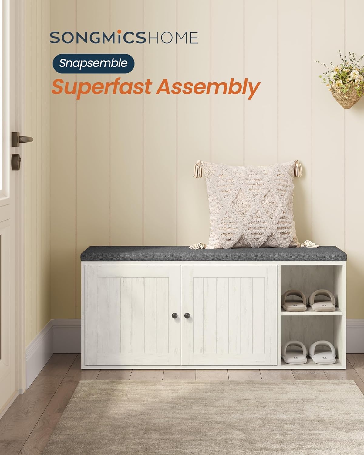 SONGMICS HOME Shoe Storage Bench, Snapsemble Superfast Assembly, Shoe Rack Cabinet with Door & Adjustable Shelf for Entryway/Living Room, 14 x 40.2 x 17.3 Inches, Rustic White and Slate Gray