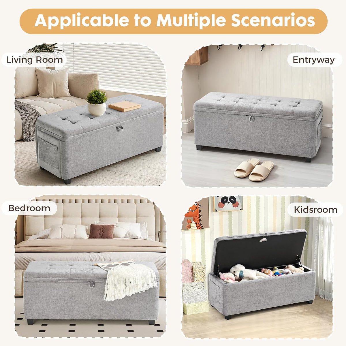 Storage Ottoman Bench with Lift Top, End of Bed Bench for Bedroom, Living Room & Entryway Storage Seat Shoe Bench with Storage (Gray)
