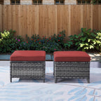 Outdoor Ottoman Set of 2 - PE Wicker Rattan Ottoman Patio Footstool for Deck Porch Balcony Garden - Grey/Red