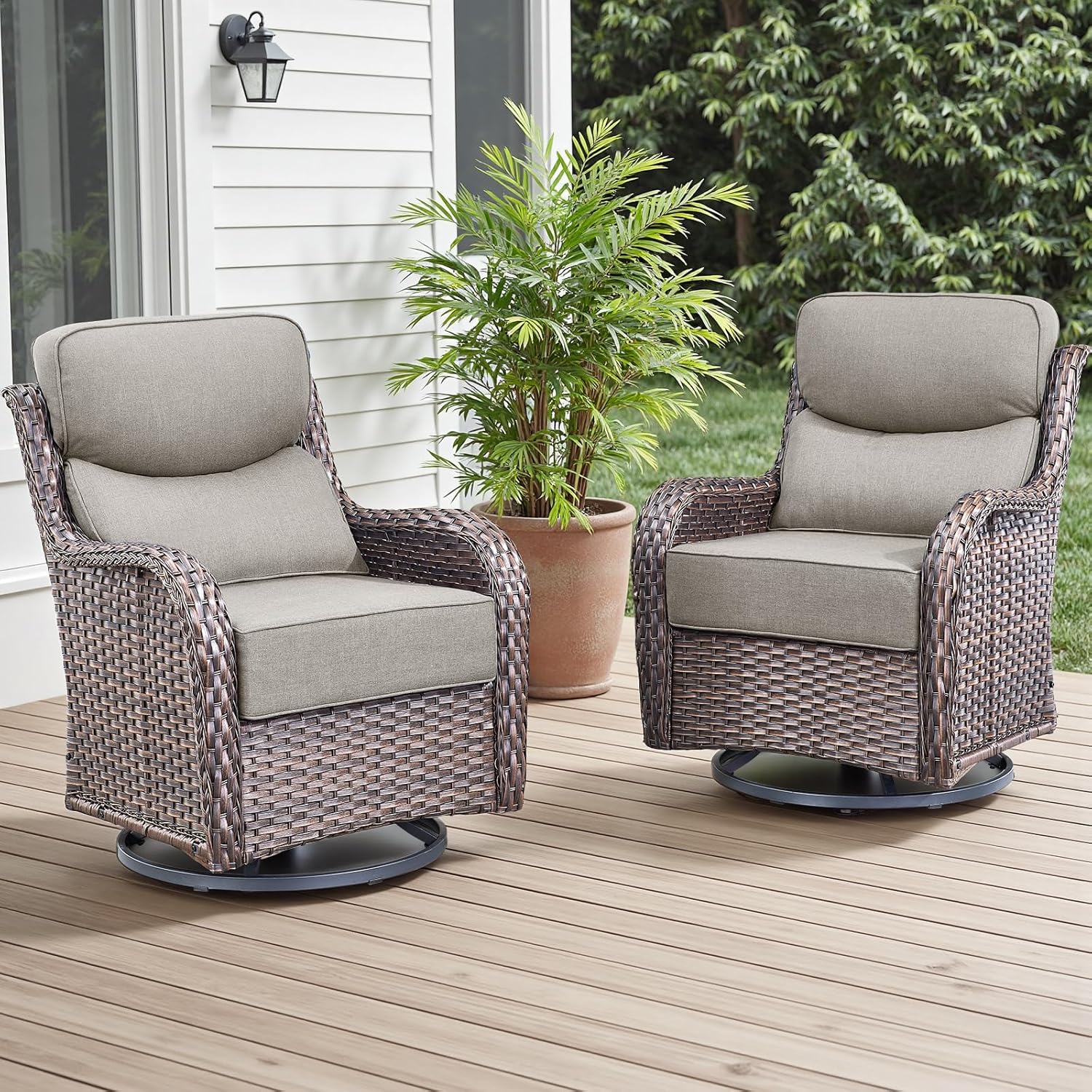 Rilyson Outdoor Swivel Rocker Chairs - All Weather Resistant Wicker Patio Furniture Set of 2 with High Back and 6 inch Thick Cushions for Deck Porch Yard and Poolside, Brown/Beige
