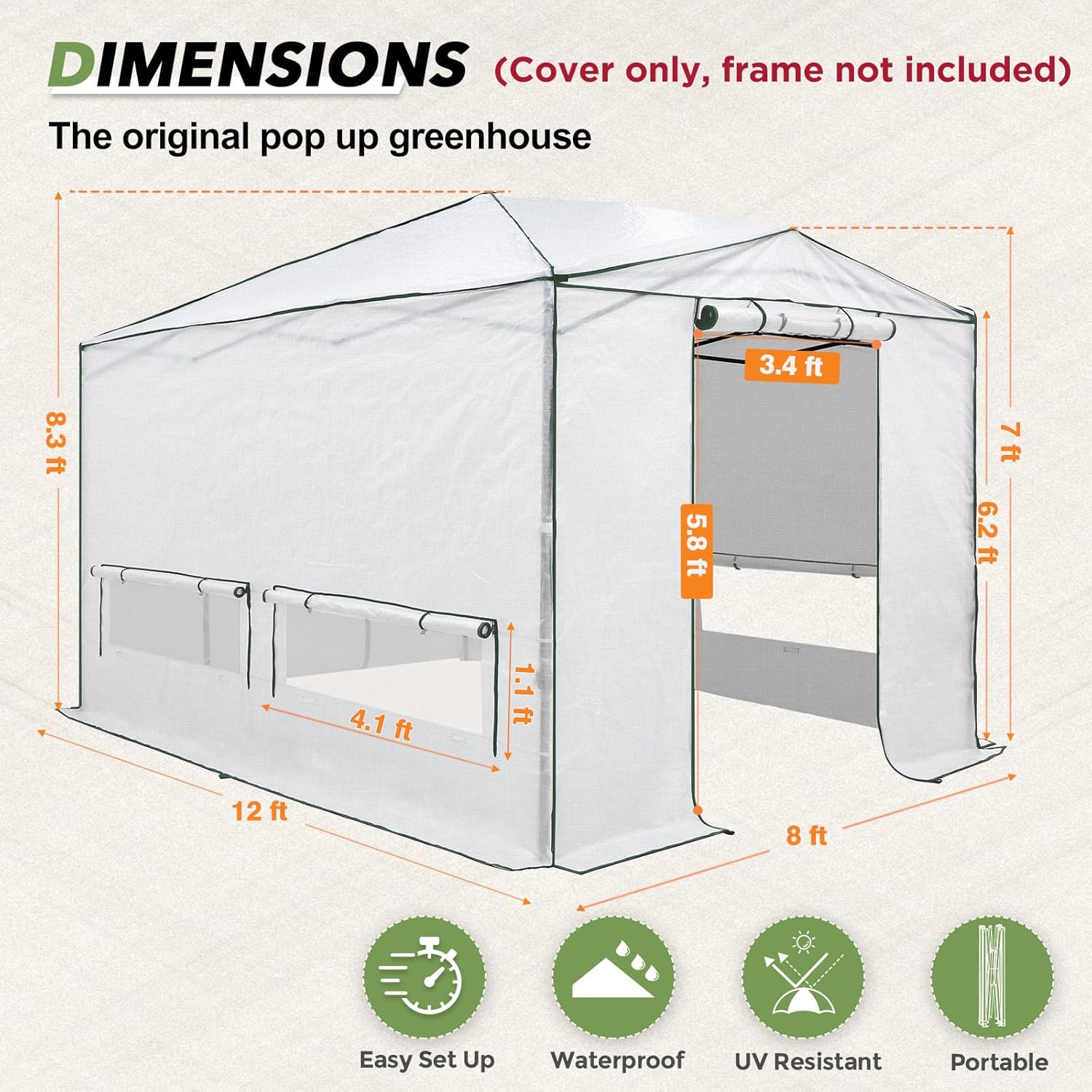 EAGLE PEAK Woven Replacement Cover for 12x8 Portable Walk-in Pop up Greenhouse, Front and Rear Roll-Up Zipper Entry Doors and 4 Roll-Up Side Windows (Frame Not Included), White