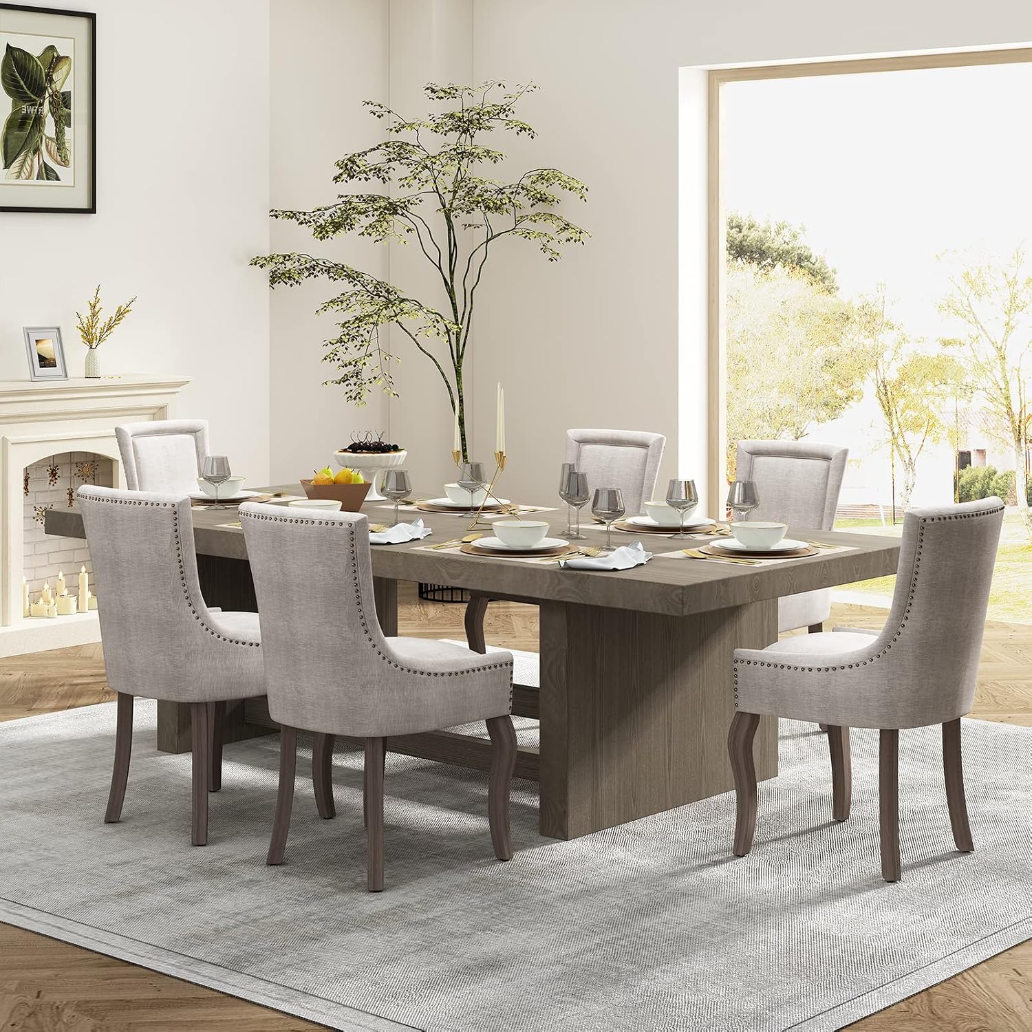 Upholstered Dining Chairs Set of 8, Beige Fabric Kitchen Chair with Nailhead Trim, Farmhouse High Back Kitchen & Dining Room Chairs, Solid Wood Legs, Sillas de Comedor (Beige, 8 Pcs)