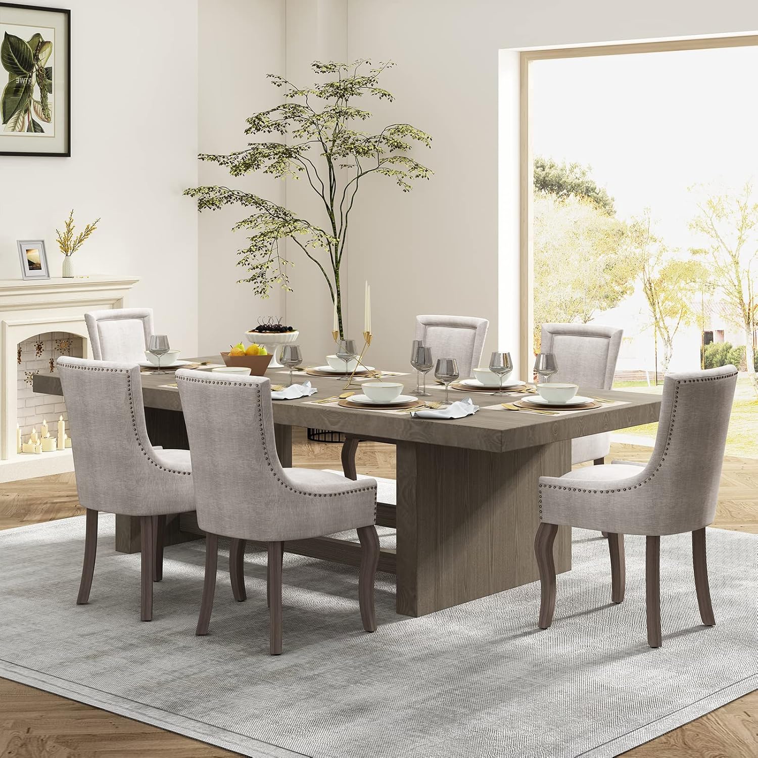 Upholstered Dining Chairs Set of 2, Beige Fabric Kitchen Chair with Nailhead Trim, Farmhouse High Back Kitchen & Dining Room Chairs, Solid Wood Legs, Sillas de Comedor (Beige, 2 Pcs)