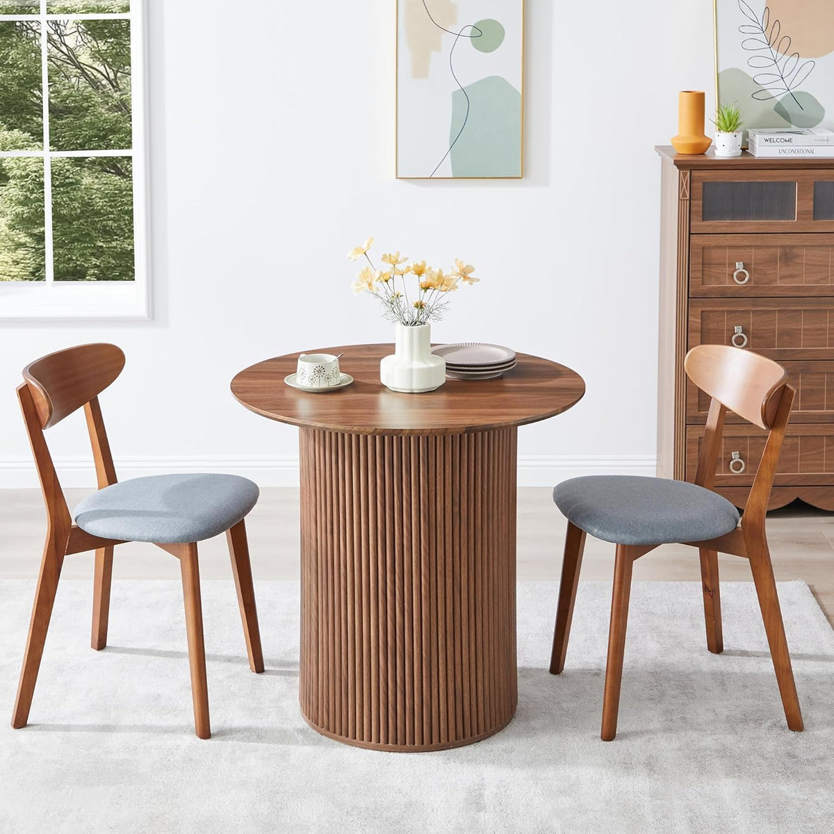 AVZEAR 31.5" Round Dining Table for 2 People, Small Kitchen Dinner Table with Fluted Wood Base, Farmhouse Circle Dining Tables for Home, Kitchen, Dining Room, Living Room (Walnut)